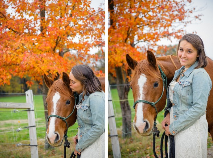 Female senior portrait with horse in front of beautiful foliage