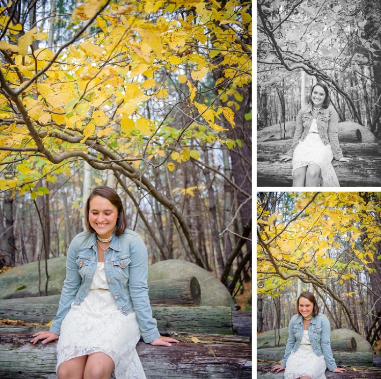 Girl sitting on a log under yellow leaves giggling