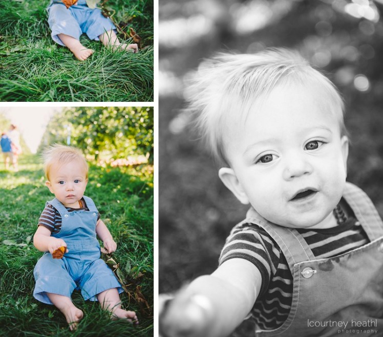 Baby in overalls at an apple orchard